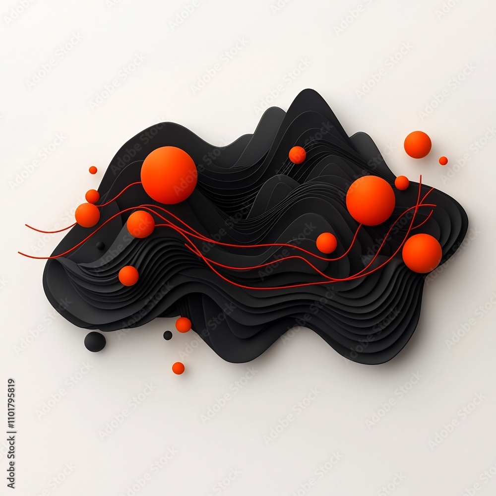Poster surreal digital showcasing a shadowy black void with pulsing red orbs and flowing abstract lines tha