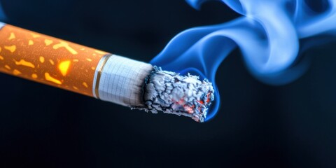 Impact of smoking cigarette close-up with smoke indoor setting macro photography dark background health awareness