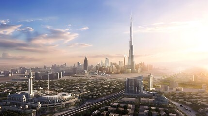 A stunning skyline view showcasing modern architecture and urban development, highlighting a prominent tower.