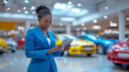 African american saleswoman dressed in blue suit is using digital tablet at car showroom. Professional salesperson working in modern car dealership. Modern technology in auto dealership.