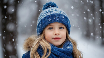 Portrait of cute little girl in woolen hat and wrapped in woolen scarf outside on the cold snowy winter day