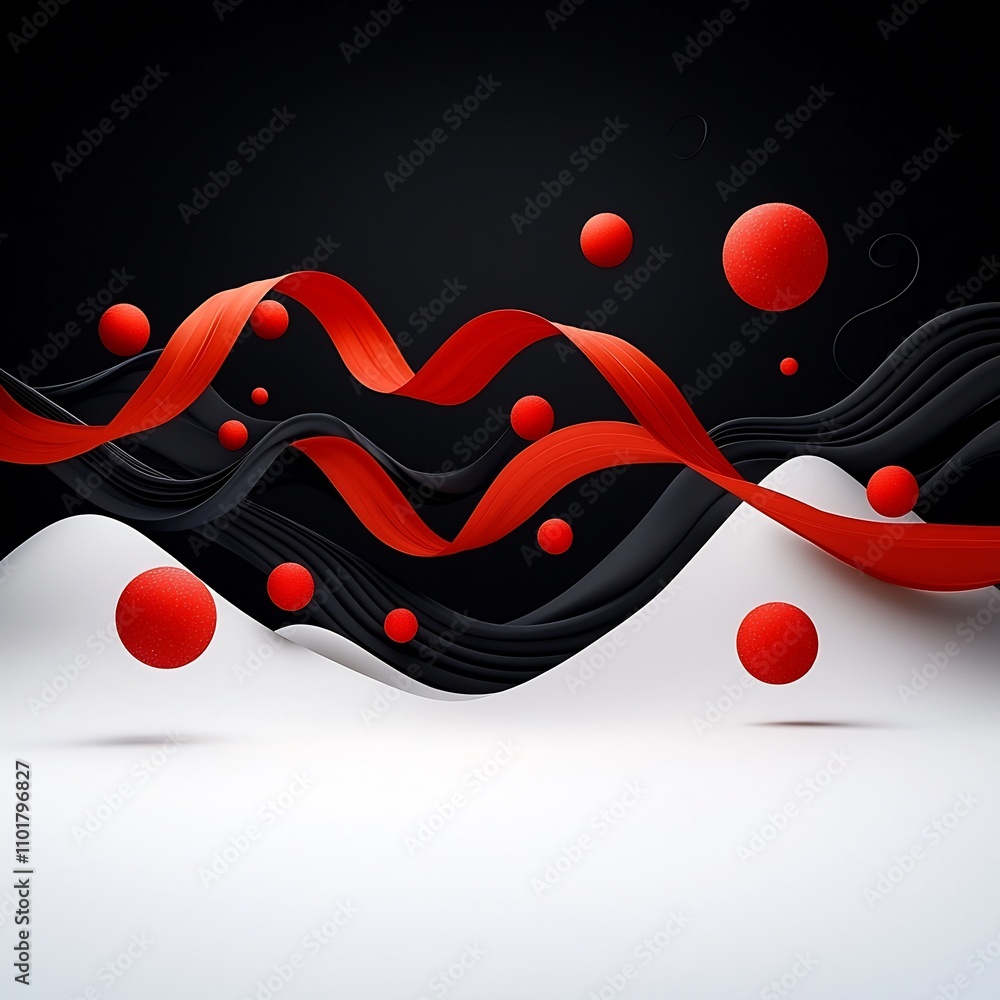 Poster ethereal waves of crimson ribbons and floating spheres dance across a pristine digital landscape cre