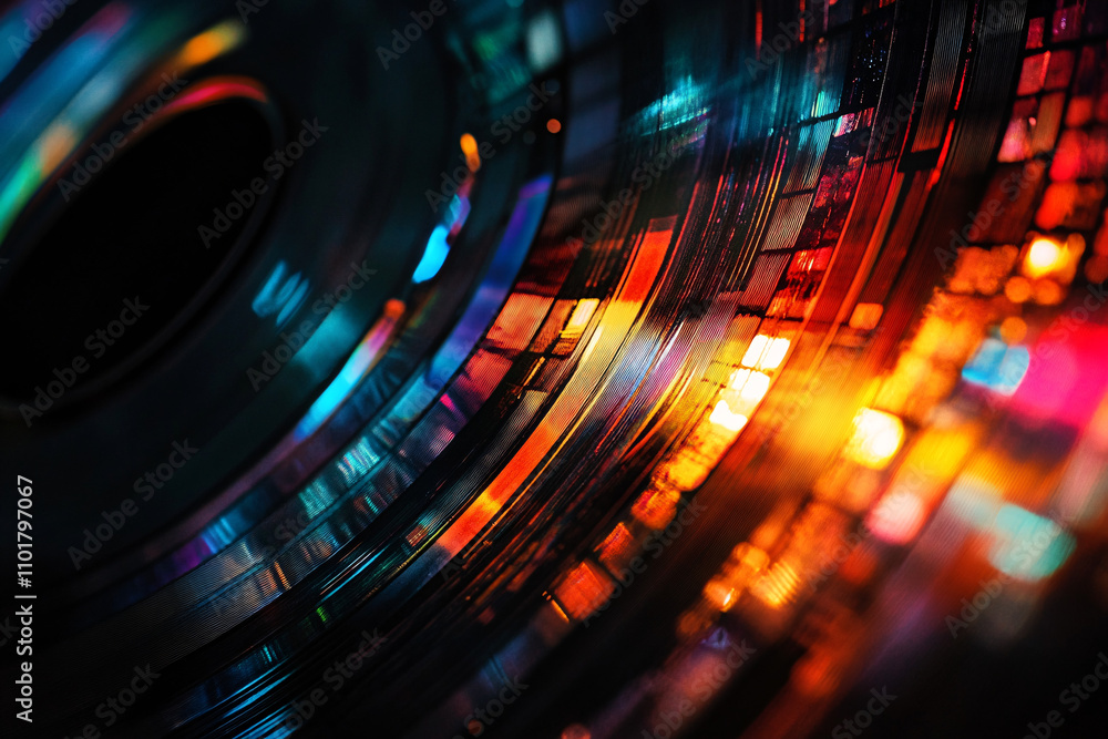 Poster multicolored light reflects off curved metallic surfaces creating vibrant patterns and a futuristic 