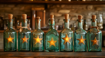 row of glass bottles with corks filled with star