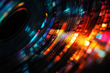 multicolored light reflects off curved metallic surfaces creating vibrant patterns and a futuristic abstract composition
