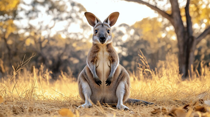 Extinct Crescent Nail-tail Wallaby sitting in dry grassland under golden sunlight  
