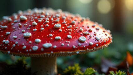 Obraz premium A close-up photograph of a vibrant red mushroom with small white spots growing in a forest, showcasing its delicate surface glistening with moisture.