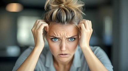 Fototapeta premium Businesswoman Frustrated with Technology Failures Macro Close Up - Challenges of Managing Tech Issues in Business Operations