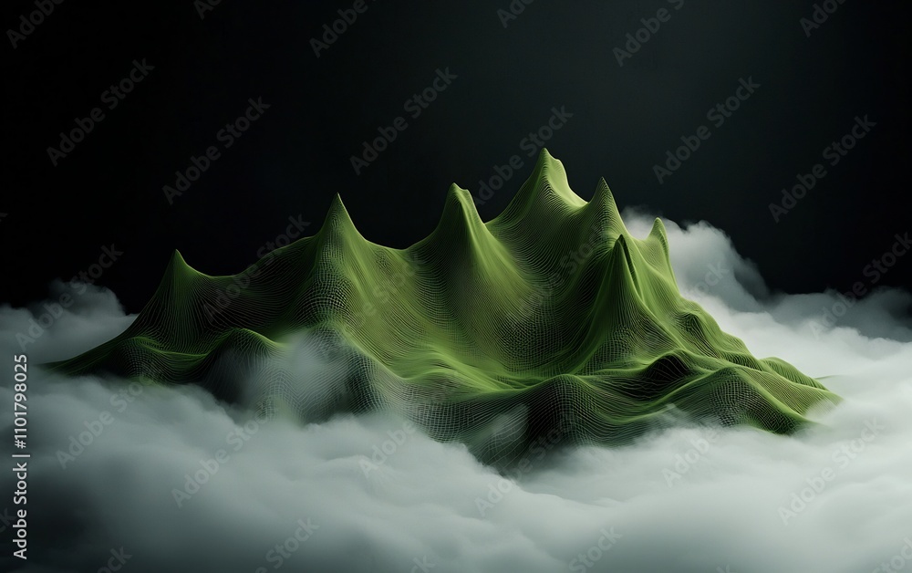Poster undulating green wire frame mountains rising against a dark moody backdrop creating an ethereal and 