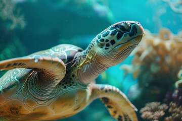 Obraz premium A sea turtle swims through a crystal clear lagoon in the Great Barrier Reef. Close-up photo