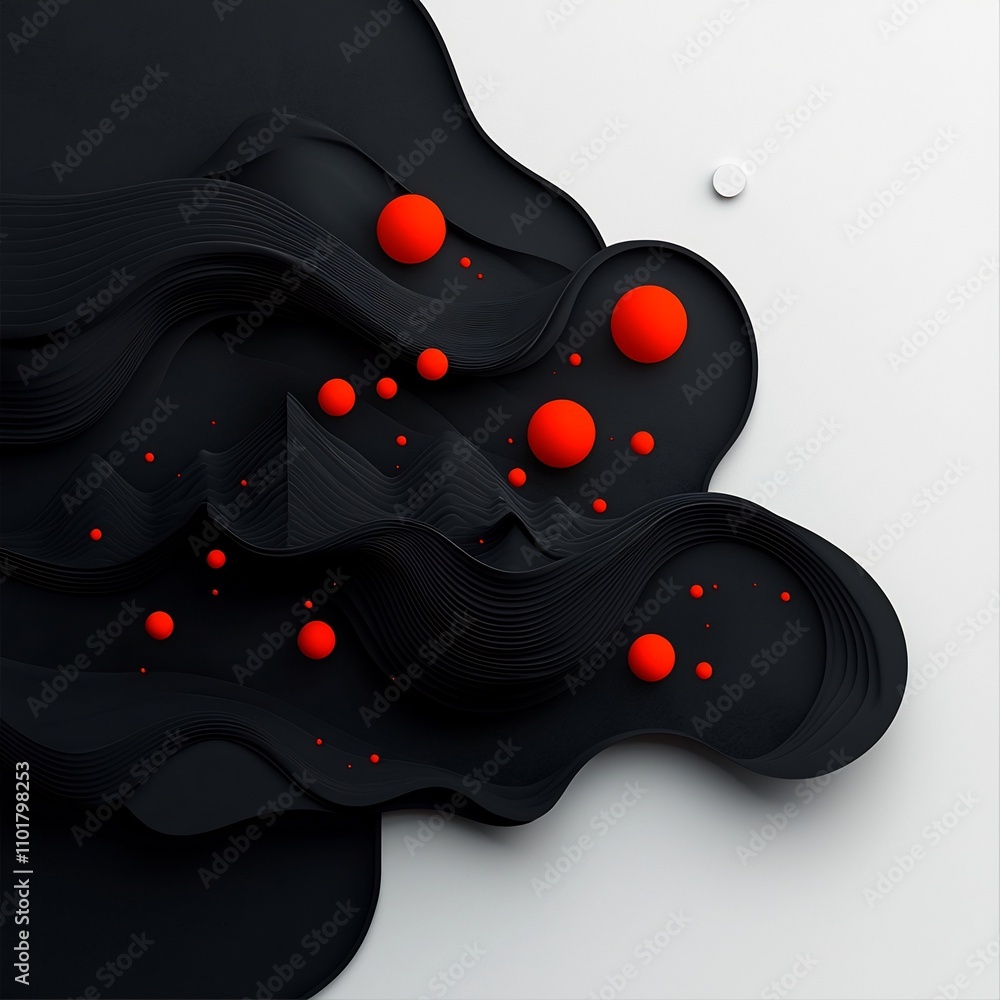 Poster shadowy black void with shimmering red points and undulating lines creating a surreal mountain digit