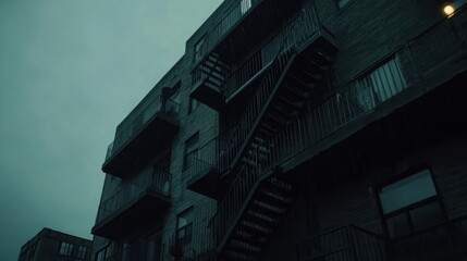 A dimly lit apartment building with an external staircase under a cloudy sky.