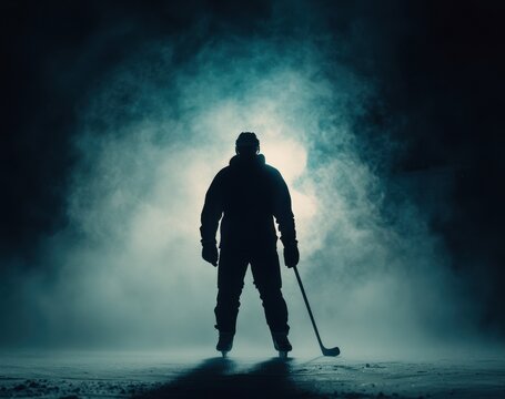Silhouette of an ice hockey player standing on the rink with fog and smoke in the dark background, backlit, full-body shot