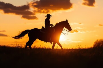 Silhouette of a cowboy riding a horse at sunset, with backlighting, in the style of silhouette photography
