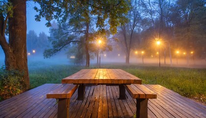 Rustic wooden table on a tranquil evening with a misty park in the background, shrouded in soft fog and illuminated by dim, dreamy lights creating a serene and ethereal outdoor atmosphere.