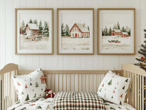 Cute mockup of a nursery room with 3 wall art frames above the cot
