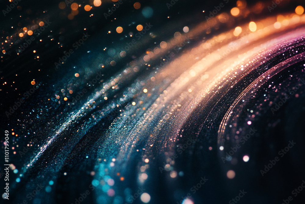 Poster glittering streaks of light in blue and golden tones curving gracefully on a dark background creatin