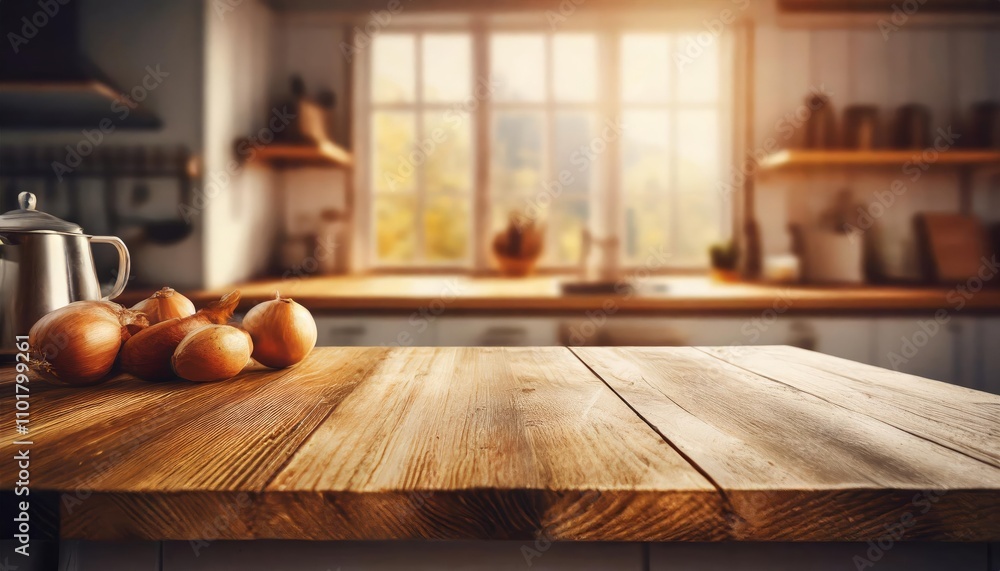 Poster rustic wooden texture tabletop with blurred kitchen window background - ideal for product photograph