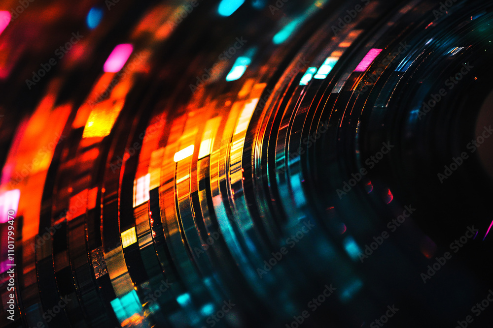 Poster vibrant abstract circular light patterns in glowing rainbow hues forming a futuristic and dynamic co
