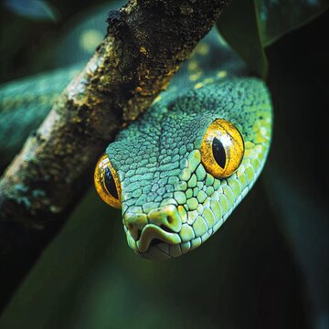 Green snake with yellow eyes hangs from a tree branch. Predatory reptile is preparing to pounce on its prey. Kufii, Latin: Trimeresurus is genus of venomous snakes in pithead subfamily of viper family