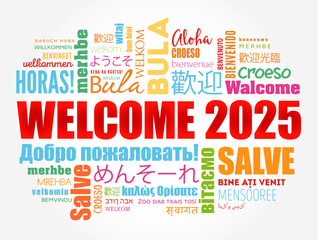 WELCOME 2025 word cloud in different languages, conceptual background