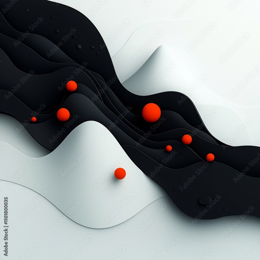 Poster pulsating void surreal three dimensional mountainous with glowing red orbs and flowing lines set aga