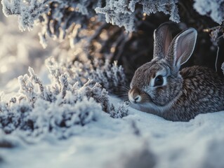 Obraz premium Winter Wonderland Snowy Rabbit Hiding Under Frosty Bush