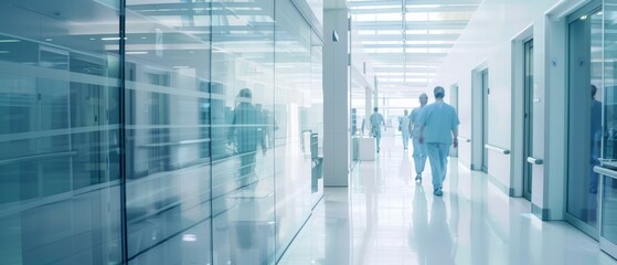A bright, clean hospital corridor with reflective glass walls and medical staff in scrubs walking through the space. Modern healthcare facility design
