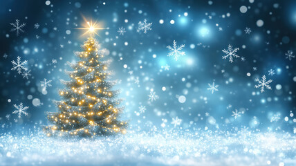 Illuminated Christmas tree with snowflake background