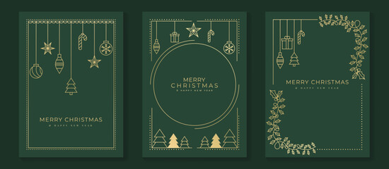 Merry Christmas and Happy New Year frame greeting card vector set. Luxury invitation with Christmas tree, bauble, holly, gift line art on green background. Design illustration for season's card, ads.