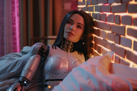 A lifelike female humanoid robot with sleek cybernetic design reclines against a softly illuminated brick wall, surrounded by warm ambient lighting