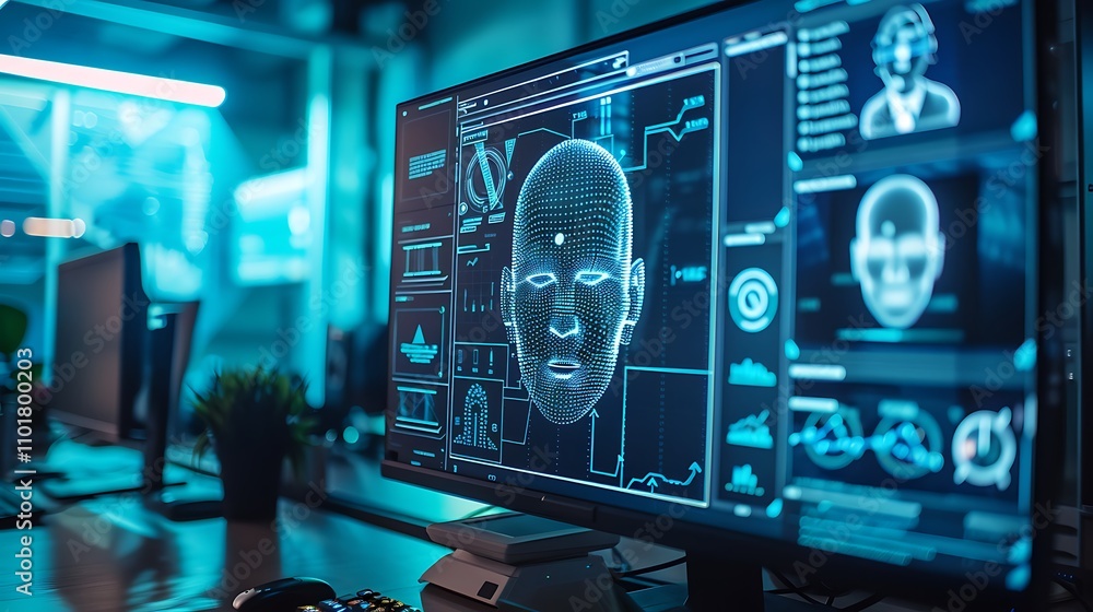 Poster a futuristic computer screen displaying a digital face and various data visualizations related to fa