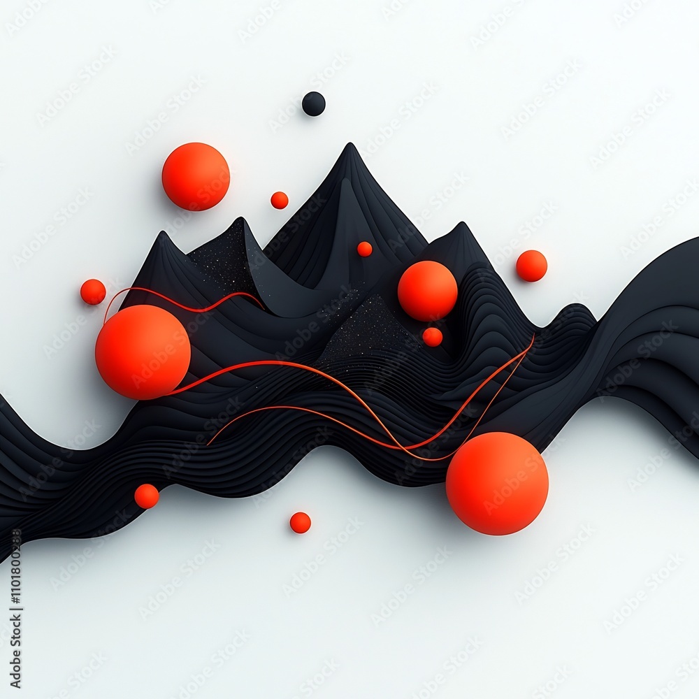 Poster shadowy surreal mountain peaks with pulsing red orbs and flowing lines in a minimalist 3d digital on