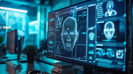 A futuristic computer screen displaying a digital face and various data visualizations related to facial recognition technology.