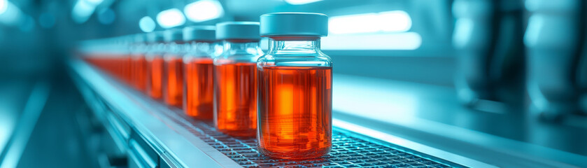 Booster vaccine concept. Vials of orange liquid on industrial assembly line, showcasing precision