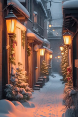 A snow-covered, empty street with old houses and illuminated street lights on the eve of Christmas.