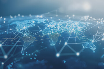 Obraz premium Light blue background with digital world map and global business network connections.