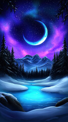 Fototapeta premium stunning winter night background showcasing serene river, majestic mountains, and vibrant starry sky with crescent moon. scene evokes sense of tranquility and wonder