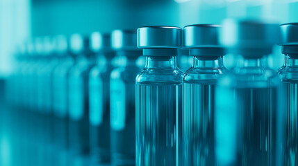 Booster vaccine concept. Clear vials filled with liquid in row, reflecting sterile environment