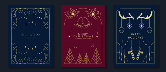 Merry Christmas and Happy New Year frame greeting card vector set. Luxury invitation with Christmas tree, holly line art on navy blue and red background. Design illustration for season's card, ads.