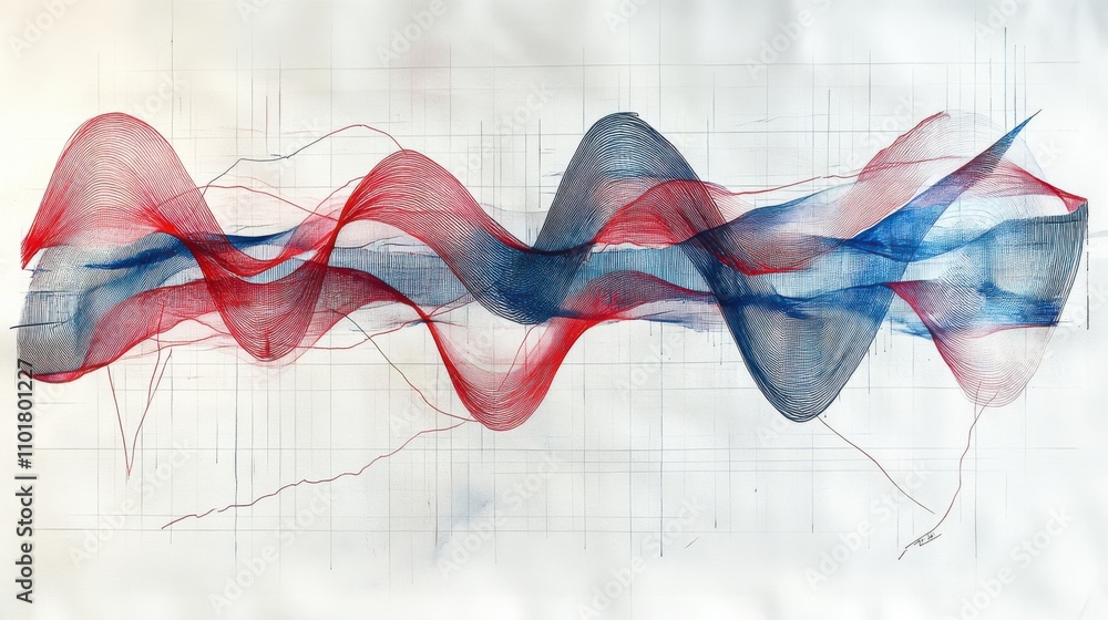 Poster graph design with red and blue lines, drawn in single-line style reminiscent