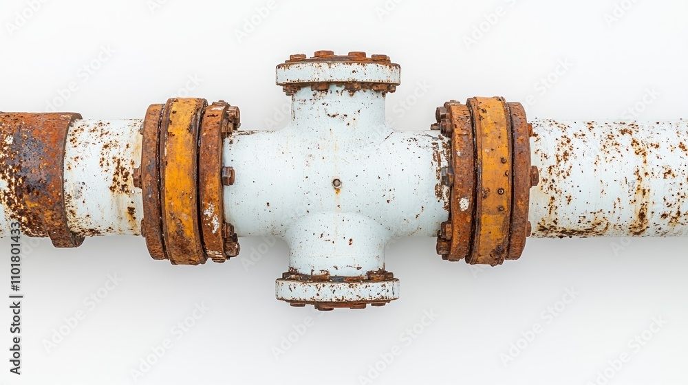 Poster a close-up view of a rusty industrial pipe joint with flanges.