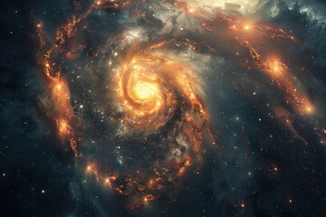 Glowing spiral galaxy with bright center and dark dust formations