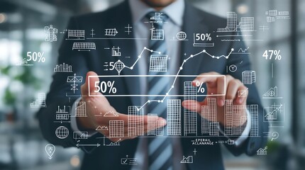 Businessman Analyzing Virtual Financial Graphs and Statistics. Generator AI