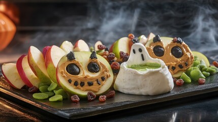 A spooky Halloween platter featuring apple slices styled as monster faces, complete with peanut butter, raisins, and green veggie chips, paired with a yogurt dip molded into a spooky ghost shape.