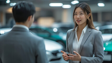 Asian saleswoman dressed in grey suit is talking to the customer at car showroom. Professional salesperson working in modern car dealership. Modern technology in auto dealership.