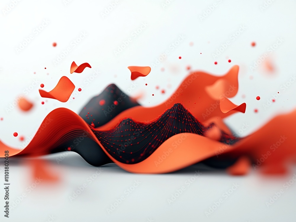 Poster mesmerizing undulating wave of red dots and lines composing striking mountainous shapes in a bright 