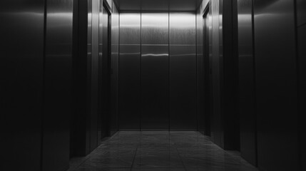 A dimly lit elevator corridor with metallic walls and a reflective floor.