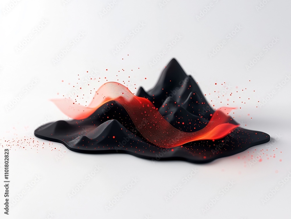 Poster mesmerizing undulating wave of red dots and lines across a mountainous 3d terrain showcasing a strik
