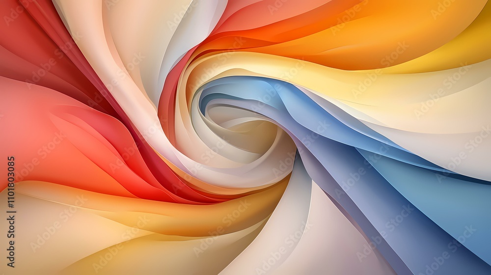Poster the image contains an abstract swirl of pastel-colored shapes, predominantly red, orange, yellow, an